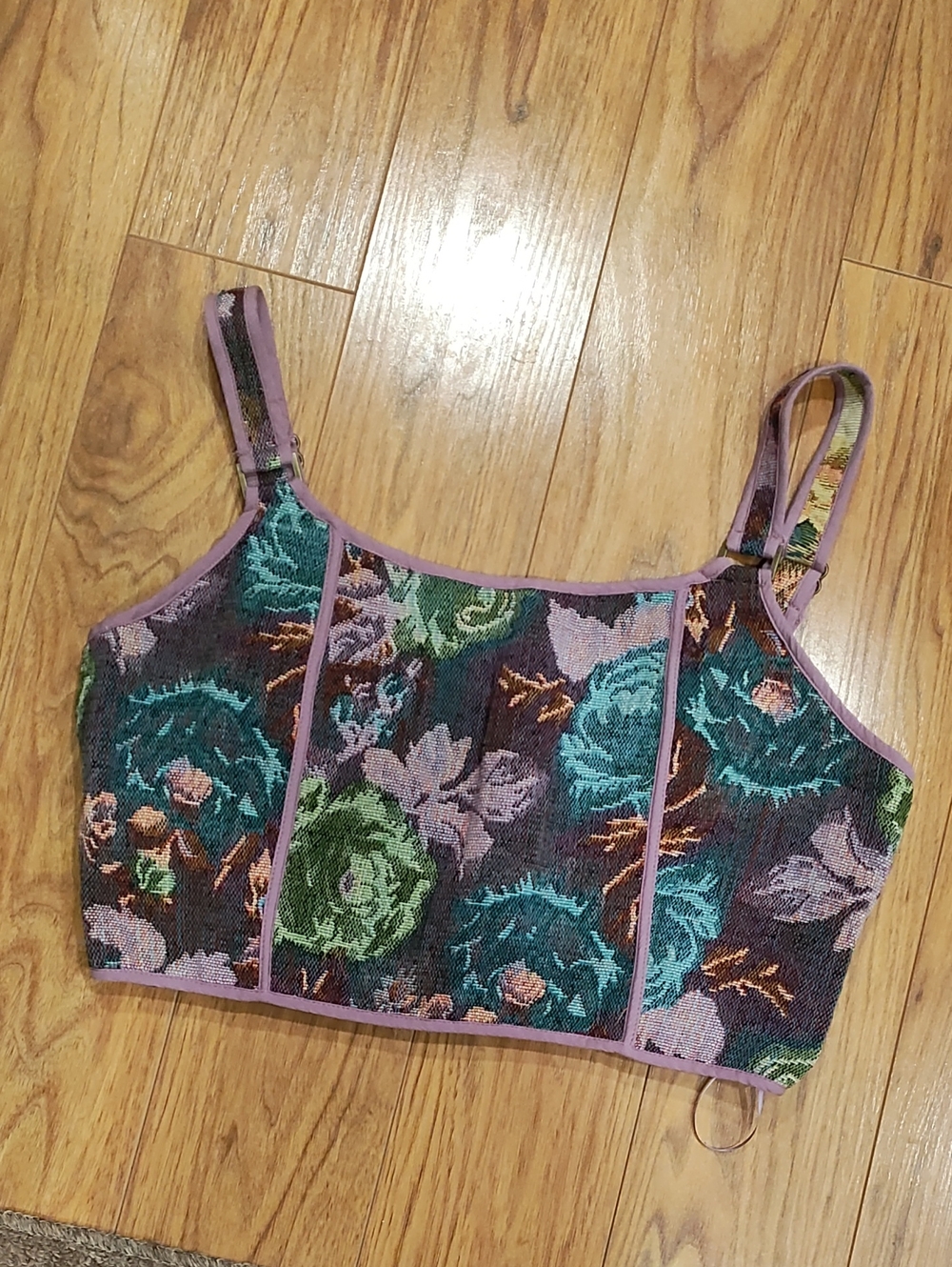 Floral Jacquard Cropped Camisole in Purple and Green